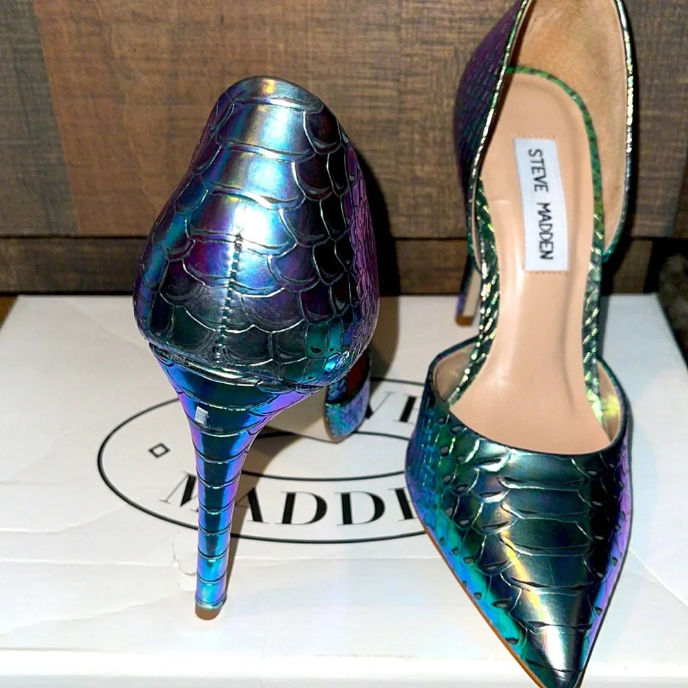 👠NWB STEVE MADDEN HYPNOTIC TURQUOISE CROCODILE HEELS. Lim Ed; SZ 5 fits 5.5 - Picture 3 of 7